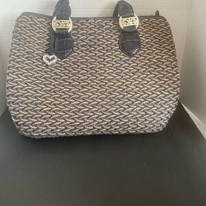 Brighton Eva Blue and Tan Woven Shoulder Bag With Leather Braided Straps